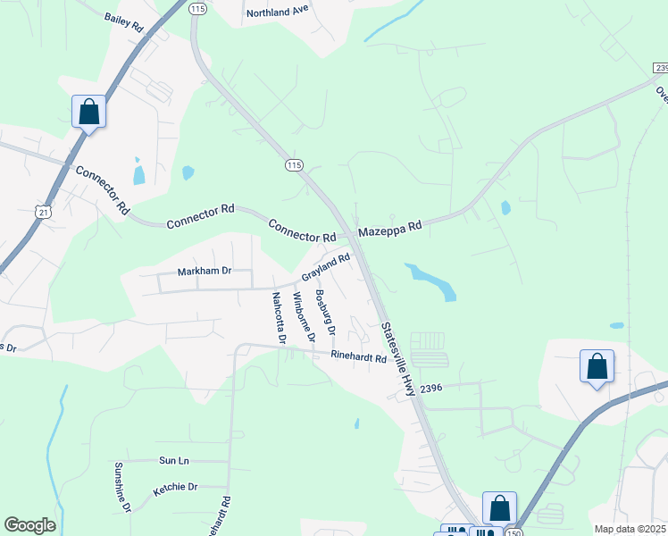 map of restaurants, bars, coffee shops, grocery stores, and more near 121 Grayland Road in Mooresville