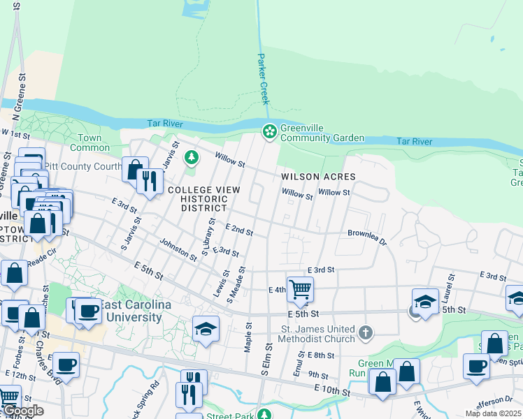 map of restaurants, bars, coffee shops, grocery stores, and more near 102 North Meade Street in Greenville