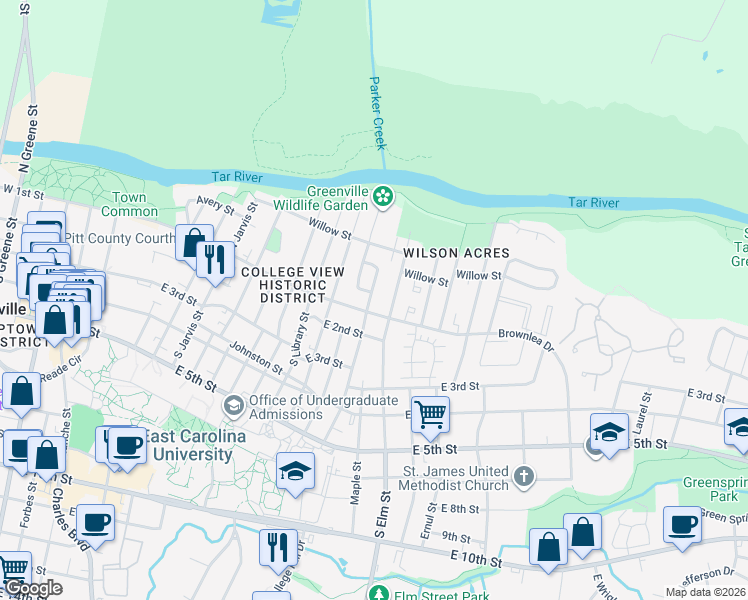 map of restaurants, bars, coffee shops, grocery stores, and more near 1309 East 1st Street in Greenville
