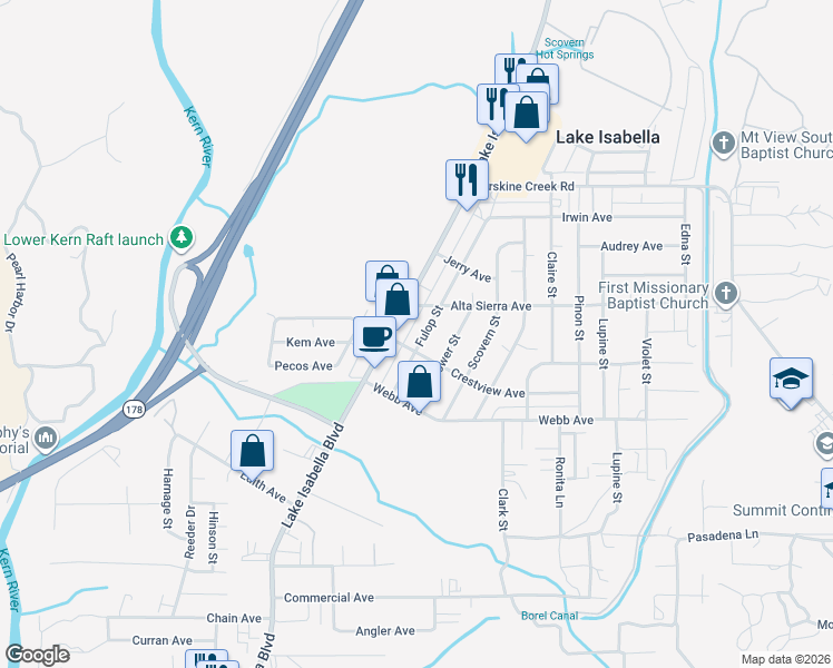 map of restaurants, bars, coffee shops, grocery stores, and more near 2701 Fulop Street in Lake Isabella
