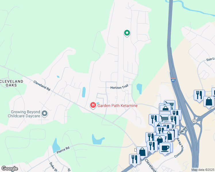 map of restaurants, bars, coffee shops, grocery stores, and more near 17 Horizon Trail in Garner