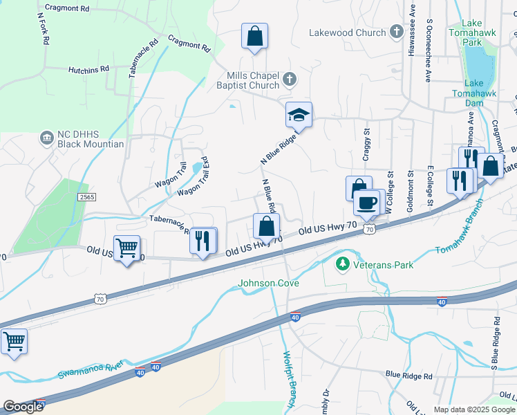 map of restaurants, bars, coffee shops, grocery stores, and more near Taylor Street in Black Mountain