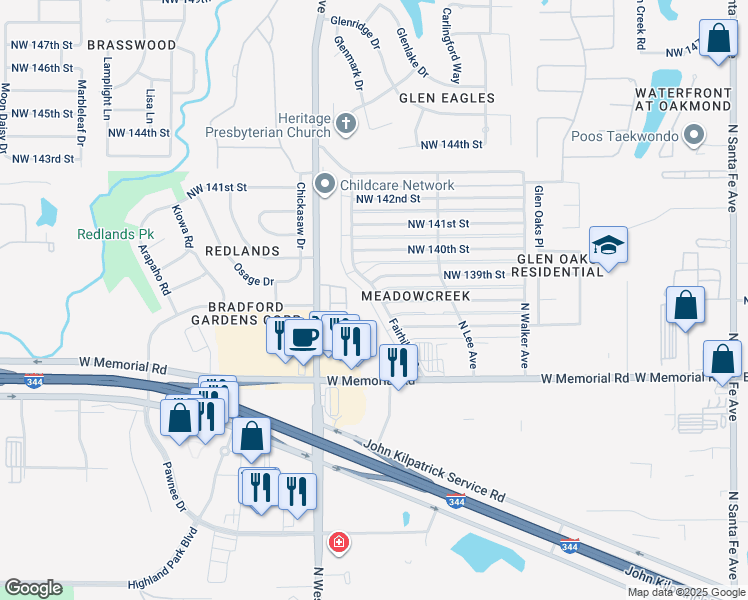 map of restaurants, bars, coffee shops, grocery stores, and more near 816 Northwest 138th Street in Edmond