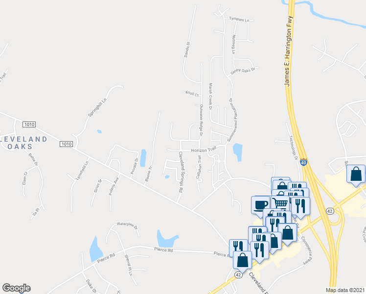 map of restaurants, bars, coffee shops, grocery stores, and more near 17 Horizon Trail in Garner