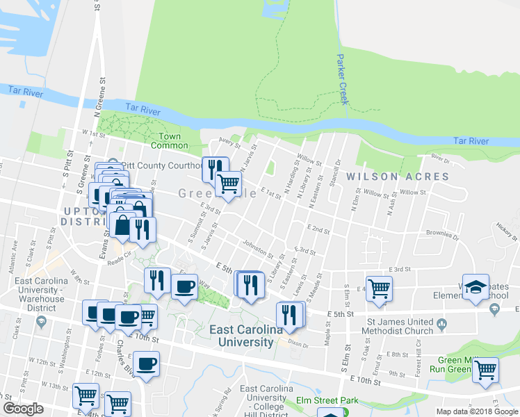 map of restaurants, bars, coffee shops, grocery stores, and more near 110 South Rotary Avenue in Greenville