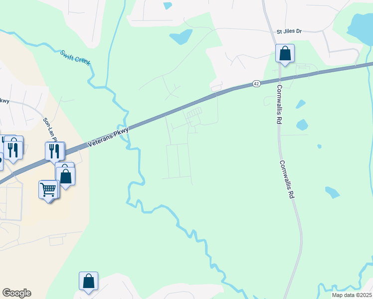 map of restaurants, bars, coffee shops, grocery stores, and more near 202 Ford Meadows Drive in Garner