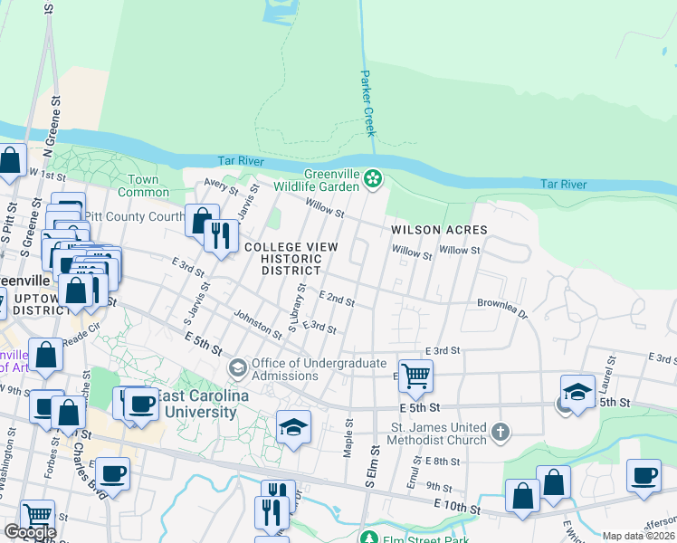 map of restaurants, bars, coffee shops, grocery stores, and more near 1309 East 1st Street in Greenville