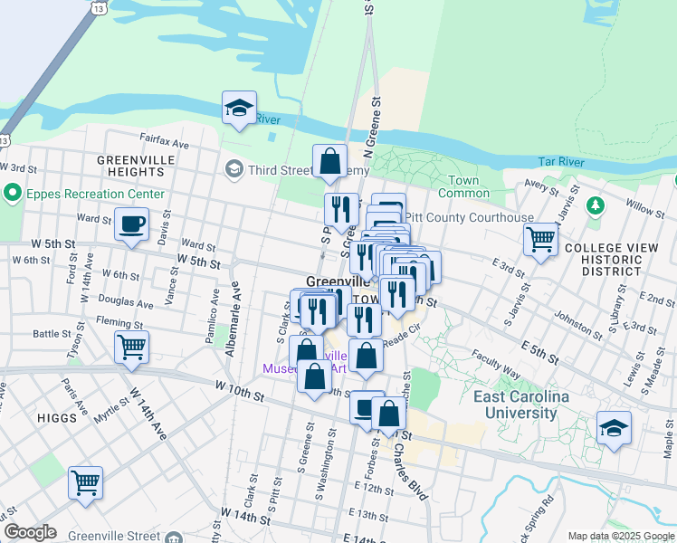 map of restaurants, bars, coffee shops, grocery stores, and more near 400 South Greene Street in Greenville