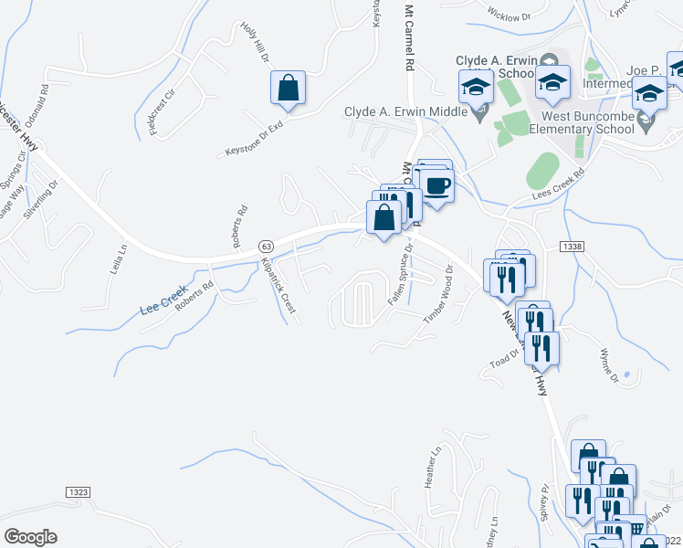 map of restaurants, bars, coffee shops, grocery stores, and more near 222 Christina Court in Asheville
