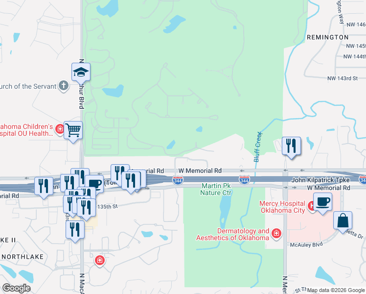 map of restaurants, bars, coffee shops, grocery stores, and more near 5217 Pulchella Drive in Oklahoma City