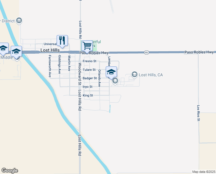 map of restaurants, bars, coffee shops, grocery stores, and more near 21398 Inyo Street in Lost Hills