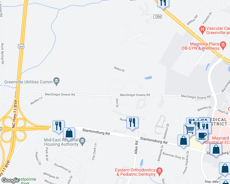 map of restaurants, bars, coffee shops, grocery stores, and more near 3002 Satterfield Drive in Greenville