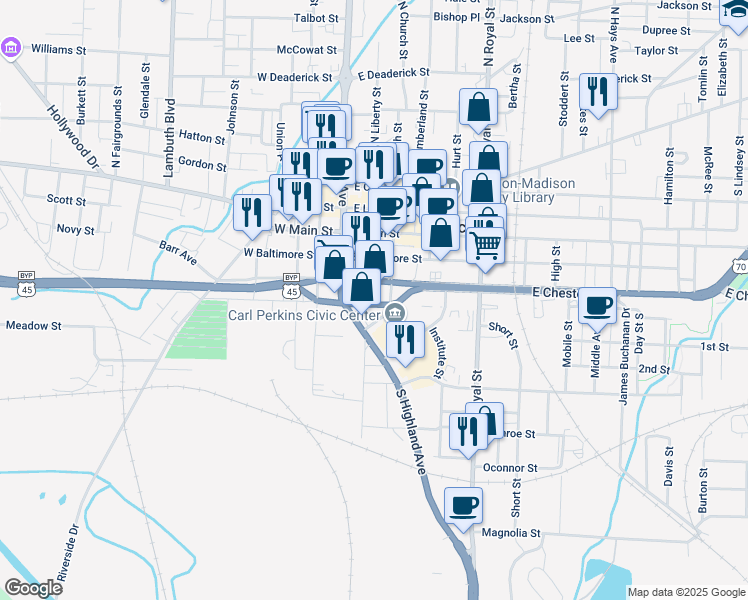 map of restaurants, bars, coffee shops, grocery stores, and more near 313 South Church Street in Jackson