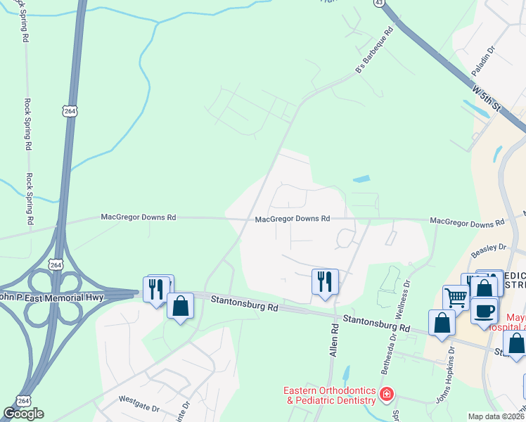 map of restaurants, bars, coffee shops, grocery stores, and more near 3001 MacGregor Downs Road in Greenville