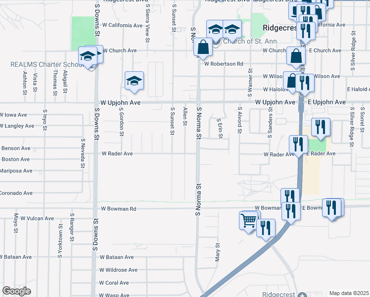 map of restaurants, bars, coffee shops, grocery stores, and more near 639 Allen Street in Ridgecrest