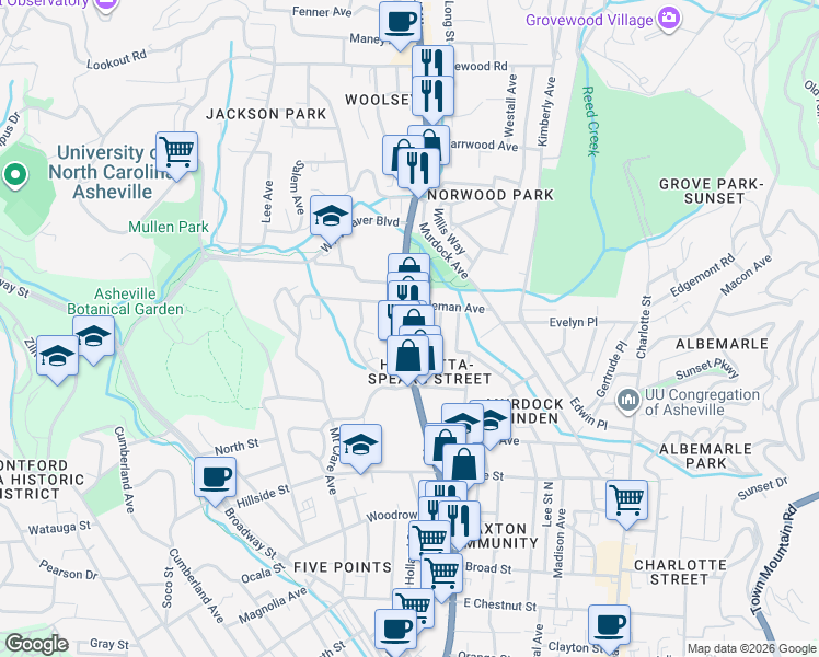 map of restaurants, bars, coffee shops, grocery stores, and more near 377 Merrimon Avenue in Asheville