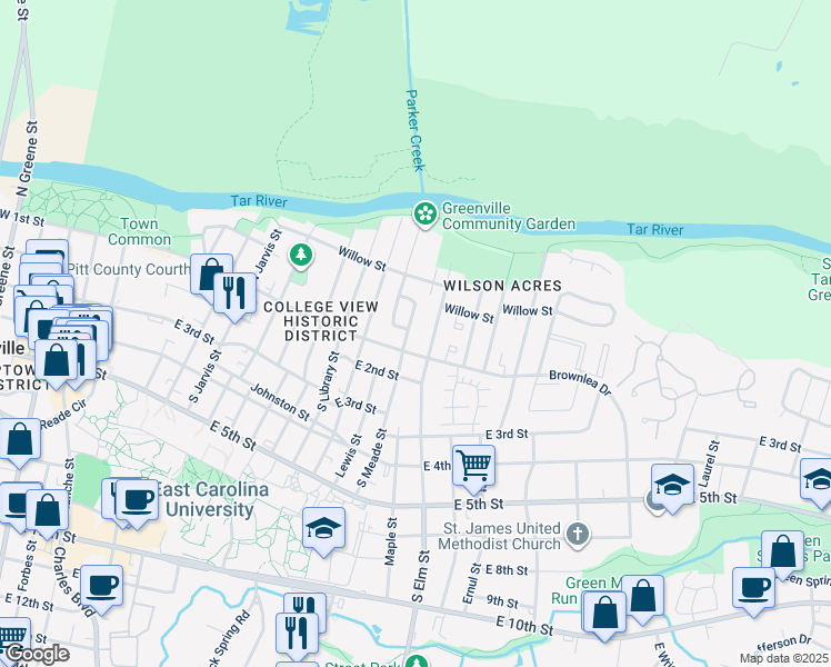 map of restaurants, bars, coffee shops, grocery stores, and more near 103 North Elm Street in Greenville