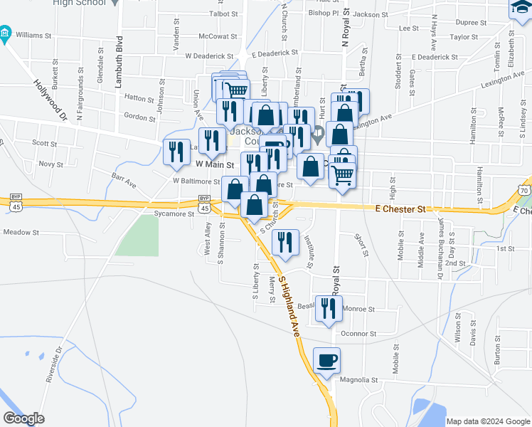 map of restaurants, bars, coffee shops, grocery stores, and more near 313 South Church Street in Jackson
