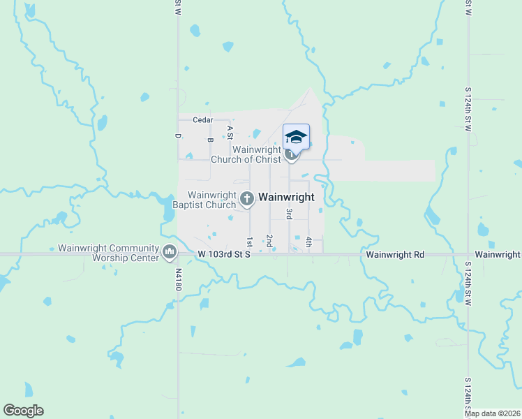 map of restaurants, bars, coffee shops, grocery stores, and more near 115 Walnut in Wainwright
