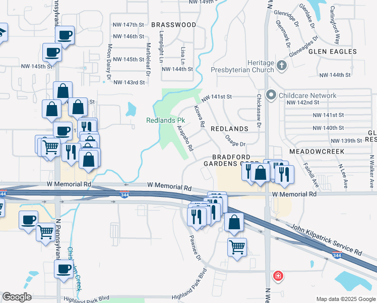 map of restaurants, bars, coffee shops, grocery stores, and more near 13819 Pawnee Drive in Edmond