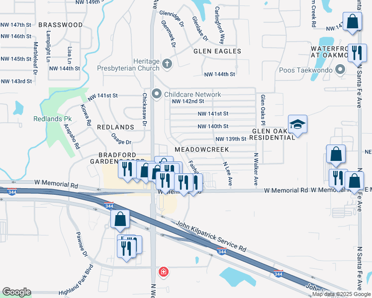 map of restaurants, bars, coffee shops, grocery stores, and more near 816 Northwest 138th Street in Edmond