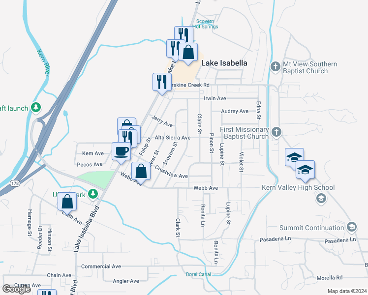 map of restaurants, bars, coffee shops, grocery stores, and more near 2709 Steensen Street in Lake Isabella