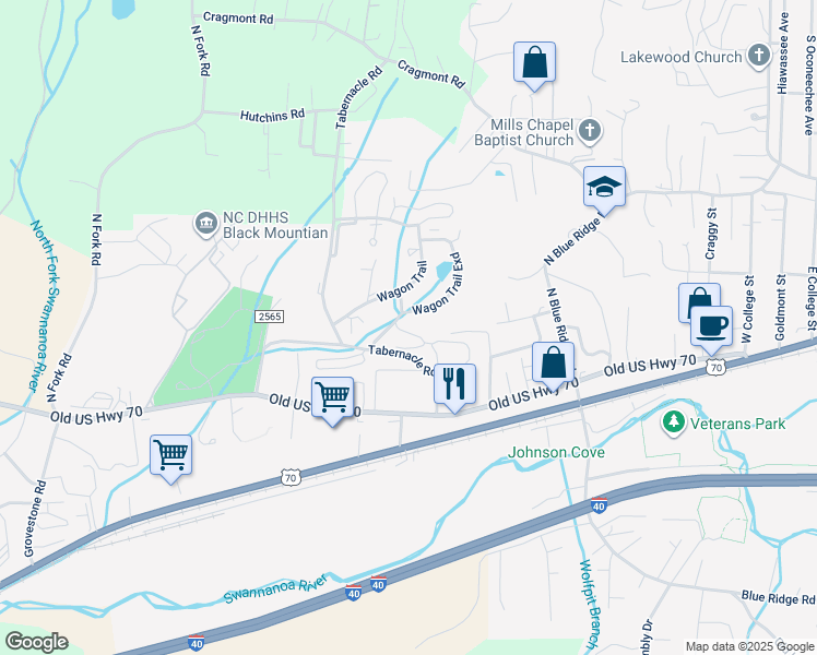 map of restaurants, bars, coffee shops, grocery stores, and more near 74 Wagon Trail in Black Mountain