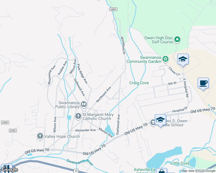 map of restaurants, bars, coffee shops, grocery stores, and more near 299 Northeast Avenue in Swannanoa