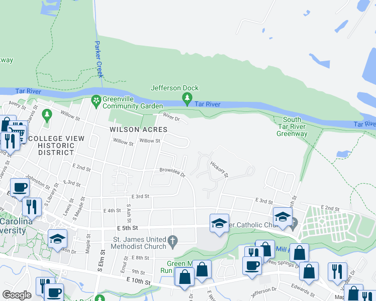 map of restaurants, bars, coffee shops, grocery stores, and more near 231 Wyndham Circle in Greenville