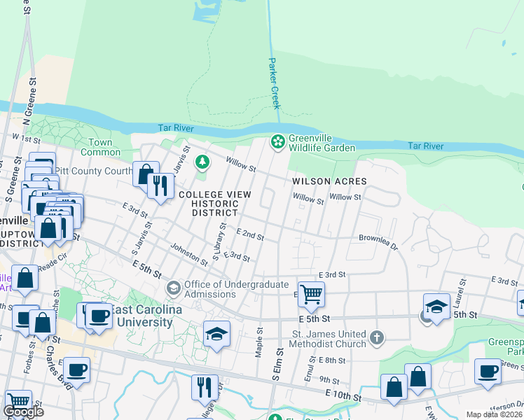 map of restaurants, bars, coffee shops, grocery stores, and more near 103 Stancill Drive in Greenville