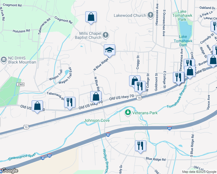 map of restaurants, bars, coffee shops, grocery stores, and more near 105 Walker Street in Black Mountain