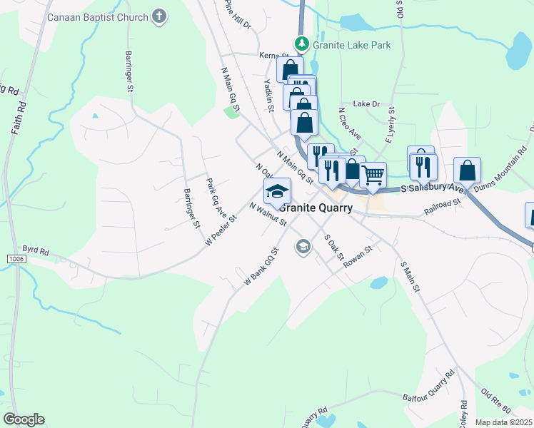 map of restaurants, bars, coffee shops, grocery stores, and more near North Walnut Street in Granite Quarry