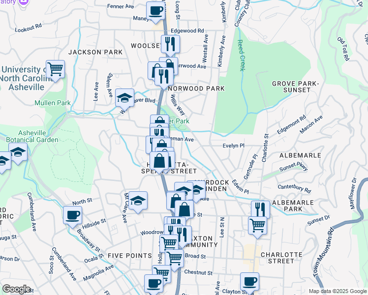 map of restaurants, bars, coffee shops, grocery stores, and more near 141 Linden Avenue in Asheville