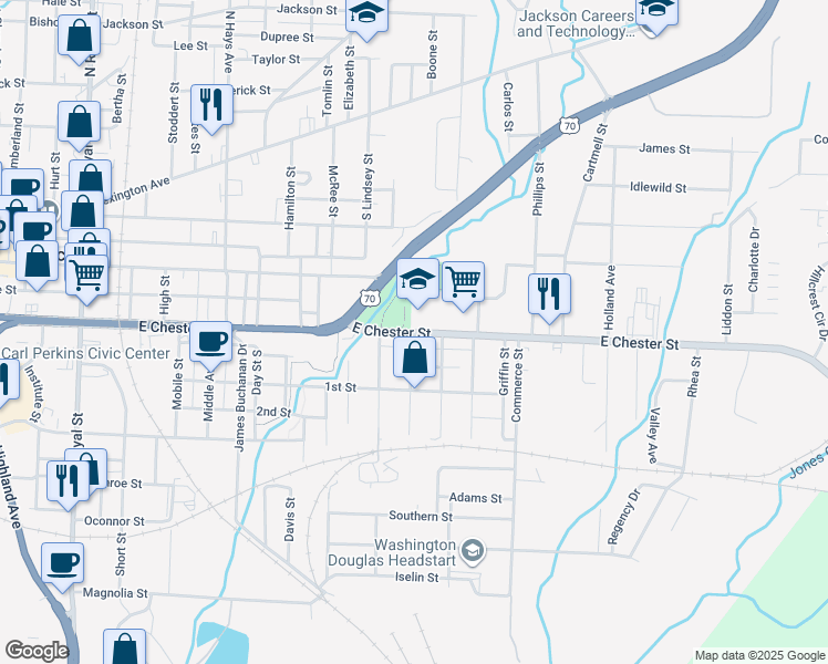 map of restaurants, bars, coffee shops, grocery stores, and more near 905 East Chester Street in Jackson