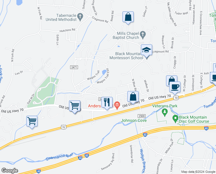 map of restaurants, bars, coffee shops, grocery stores, and more near 208 Gatchell Street in Black Mountain