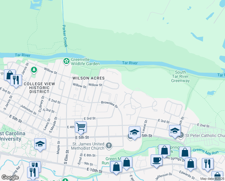 map of restaurants, bars, coffee shops, grocery stores, and more near 111 Brownlea Drive in Greenville