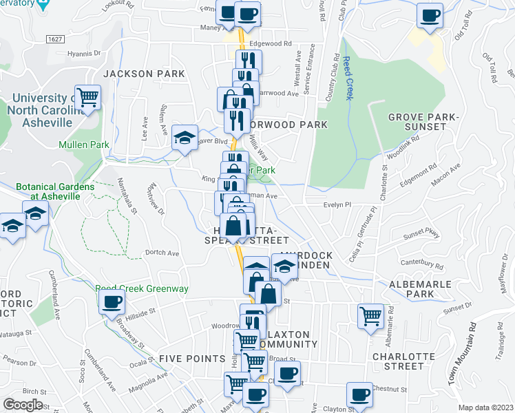 map of restaurants, bars, coffee shops, grocery stores, and more near 57 Austin Avenue in Asheville