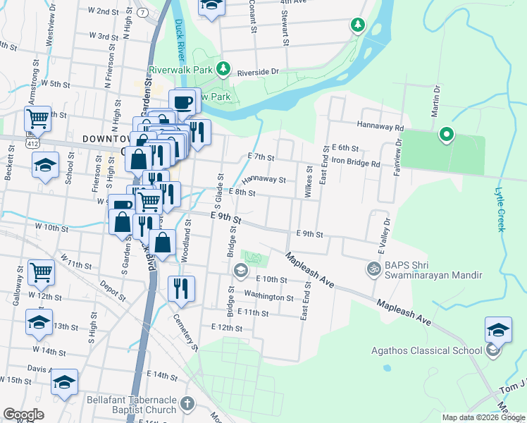 map of restaurants, bars, coffee shops, grocery stores, and more near 413 East 9th Street in Columbia