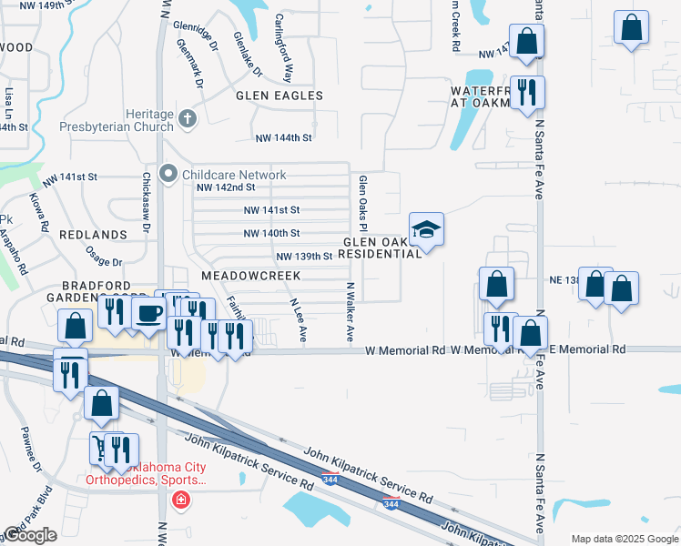 map of restaurants, bars, coffee shops, grocery stores, and more near 505 Northwest 138th Street in Edmond