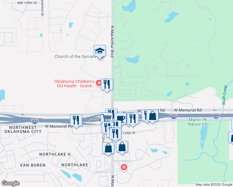 map of restaurants, bars, coffee shops, grocery stores, and more near 13854 North Macarthur Boulevard in Oklahoma City