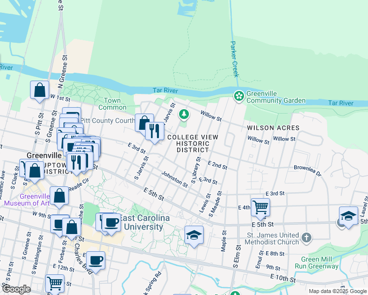 map of restaurants, bars, coffee shops, grocery stores, and more near 111 South Harding Street in Greenville