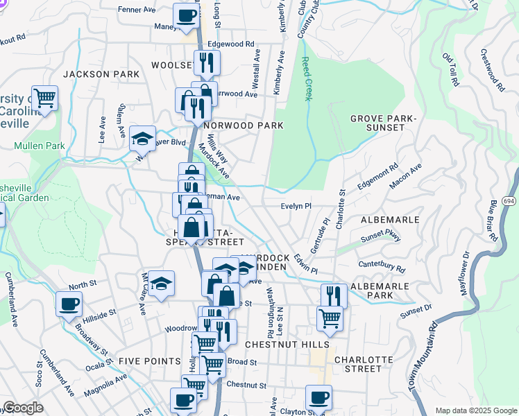 map of restaurants, bars, coffee shops, grocery stores, and more near 144 Murdock Avenue in Asheville