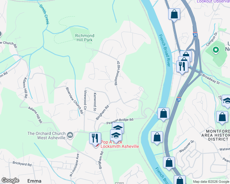 map of restaurants, bars, coffee shops, grocery stores, and more near 144 Richmond Hill Drive in Asheville