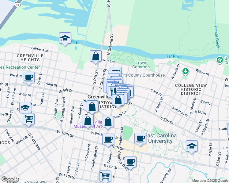 map of restaurants, bars, coffee shops, grocery stores, and more near 400 Evans Street in Greenville