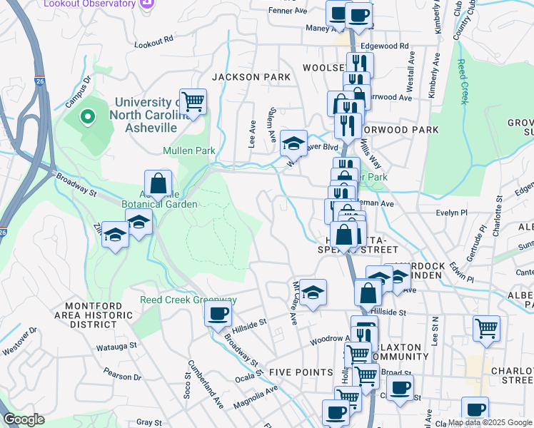 map of restaurants, bars, coffee shops, grocery stores, and more near 65 Montview Drive in Asheville