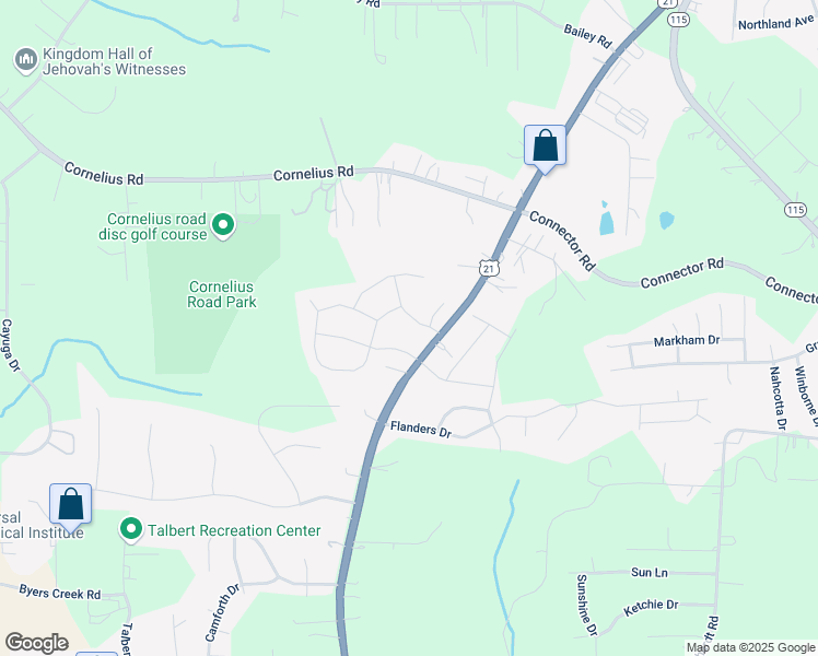 map of restaurants, bars, coffee shops, grocery stores, and more near 115 Mackinac Drive in Mooresville