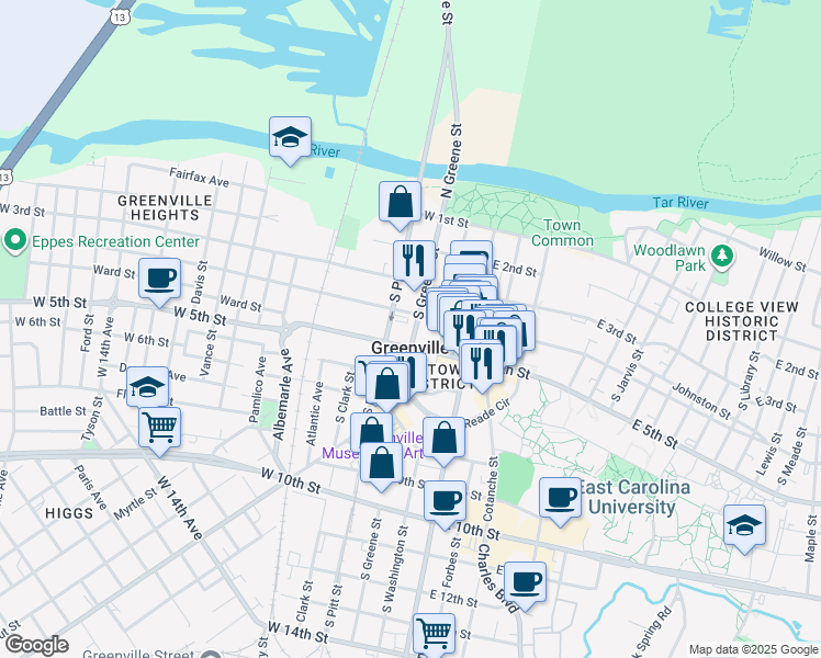 map of restaurants, bars, coffee shops, grocery stores, and more near in Greenville