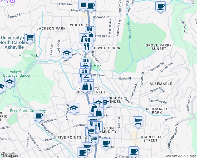 map of restaurants, bars, coffee shops, grocery stores, and more near 143 Linden Avenue in Asheville