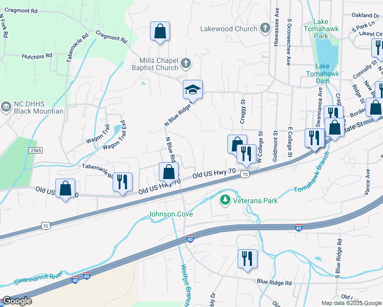 map of restaurants, bars, coffee shops, grocery stores, and more near 105 Walker Street in Black Mountain