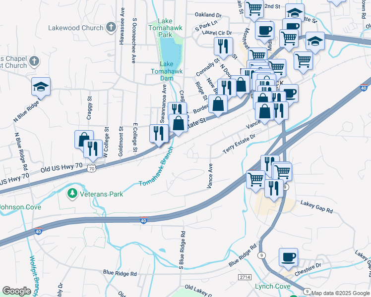 map of restaurants, bars, coffee shops, grocery stores, and more near 19 Amy's Way in Black Mountain
